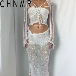CHNMR Crochet Knitted Dress Two Piece Skirt Sets Summer Women Clothes Sexy Crop Top Elegant Knit Sequin Dress 3 Piece Set Outfit