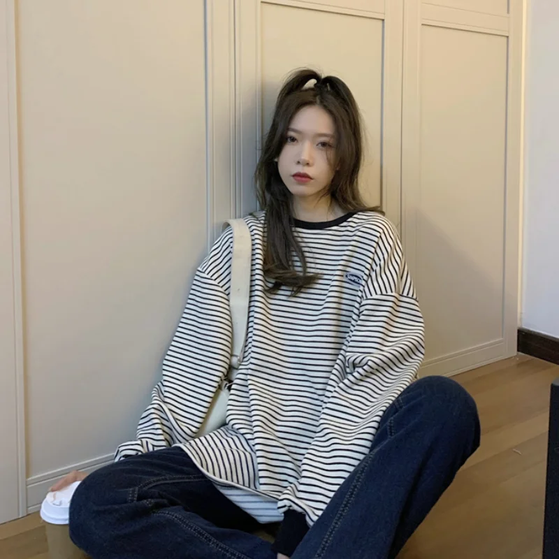 

Women's Clothing Korean Fashion Baggy Black White Stripe Pullover Sweatshirt Letter Print Raglan Sleeves Long Sleeves Pullover