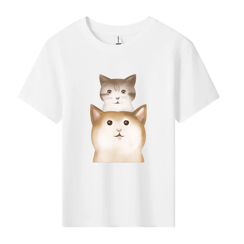 Cute Cat Print Children's T-shirts Casual Shirt Fashion Boys Short-sleeved Tops New Cotton Soft Costume For Girls Kids Tee