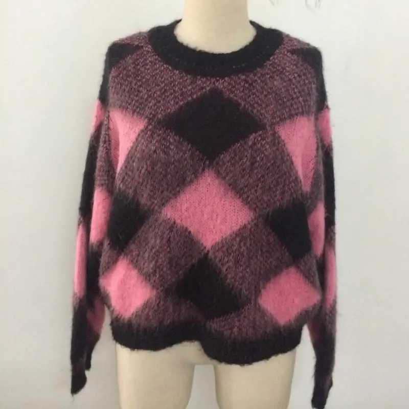 Emily In Paris Same Vintage Pullover Wool Knitted Loose Sweaters Pink Black Plaid Long Sleeve Women 2023 Spring New Top