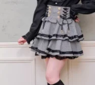 اليابانية لطيف منقوشة ليز التنانير Kawaii الحلو القوس اليابانية الألغام طبقة كعكة مطوي تنورة عالية الخصر ضئيلة حزام تنورة يمكن إزالة