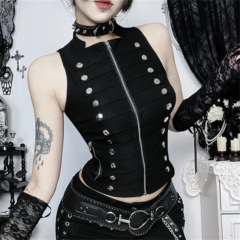 

2026 New Retro Dark Gothic Zipper Tanks Top Women Streetwear Metal Button Sleeveless Crop Tops Punk Slim Vest Alternative Cloths