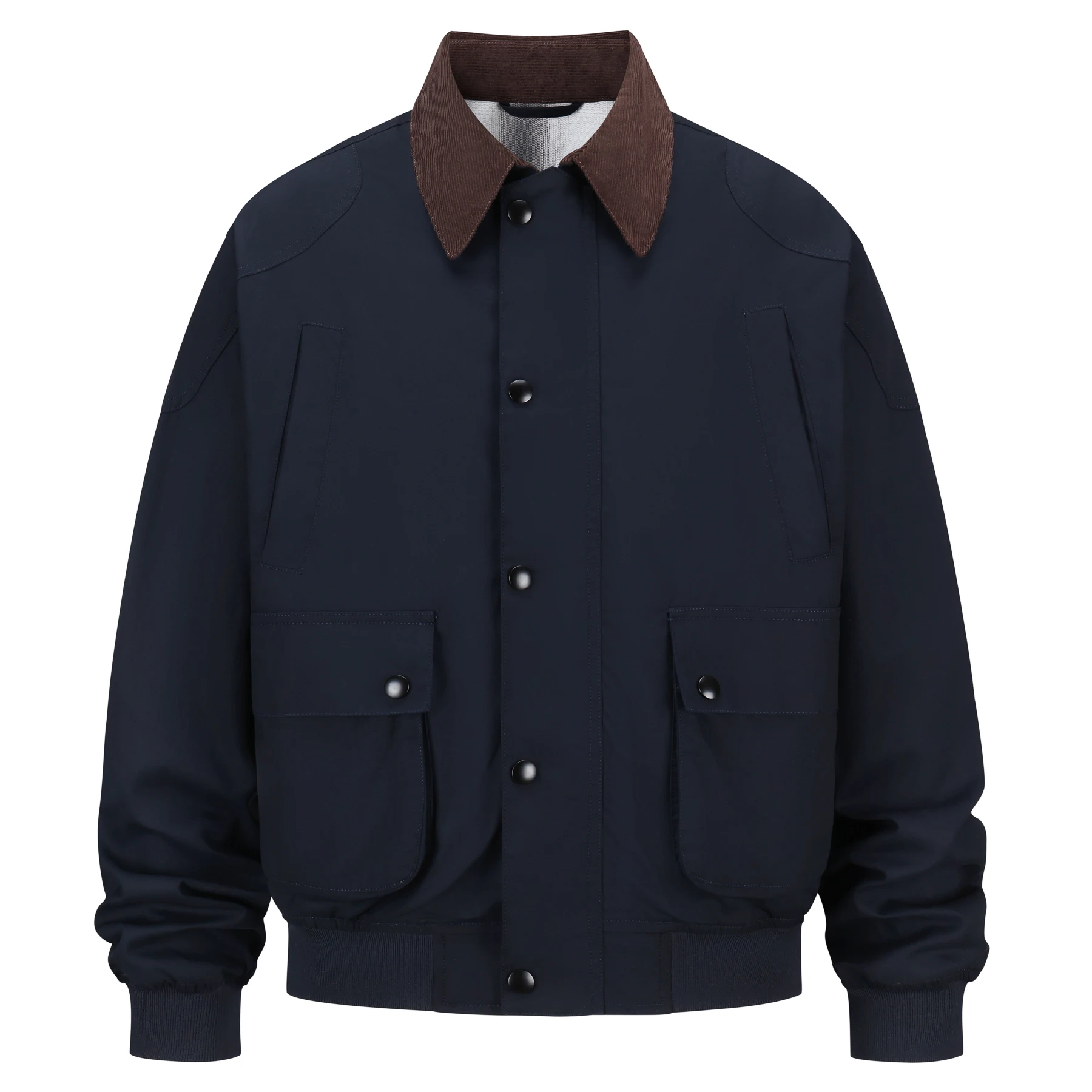 Contrast Corduroy Collar Work Jacket for Men Vintage Utility Jackets Full Zip Snap Button Plaid Lining Casual Cargo Outerwear