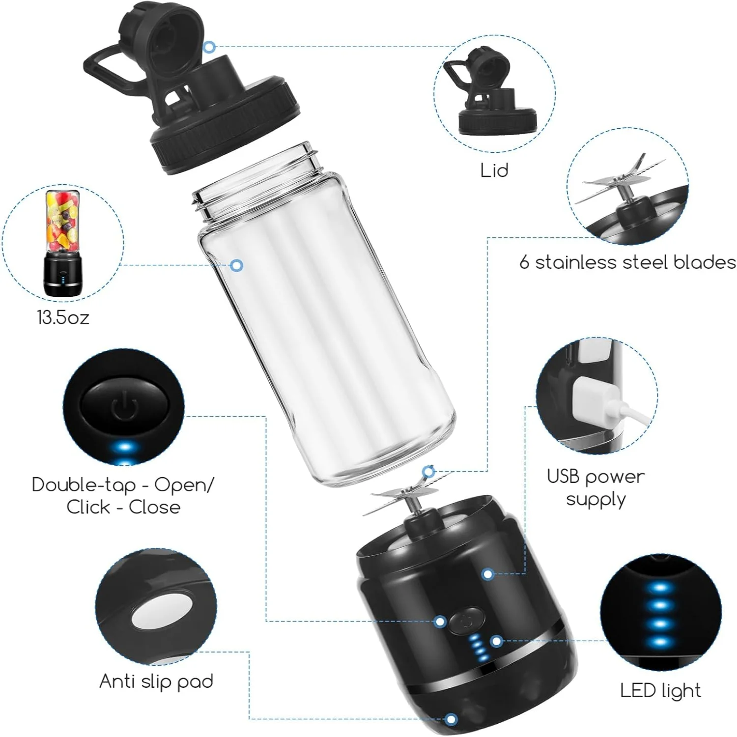 خلاط محمول، قابل لإعادة الشحن عبر USB، سعة 400 مل، قطع وخلط عالي السرعة، تصميم بستة شفرات، أسود
