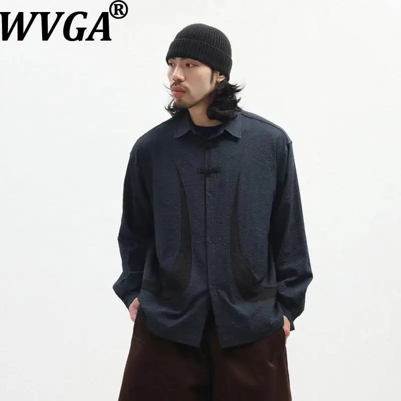 WVGA Spring Autumn New Men Chinese Retro Style Patchwork Design Button-down Long Sleeved Shirt Niche Chic Casual Tops Ins W25781