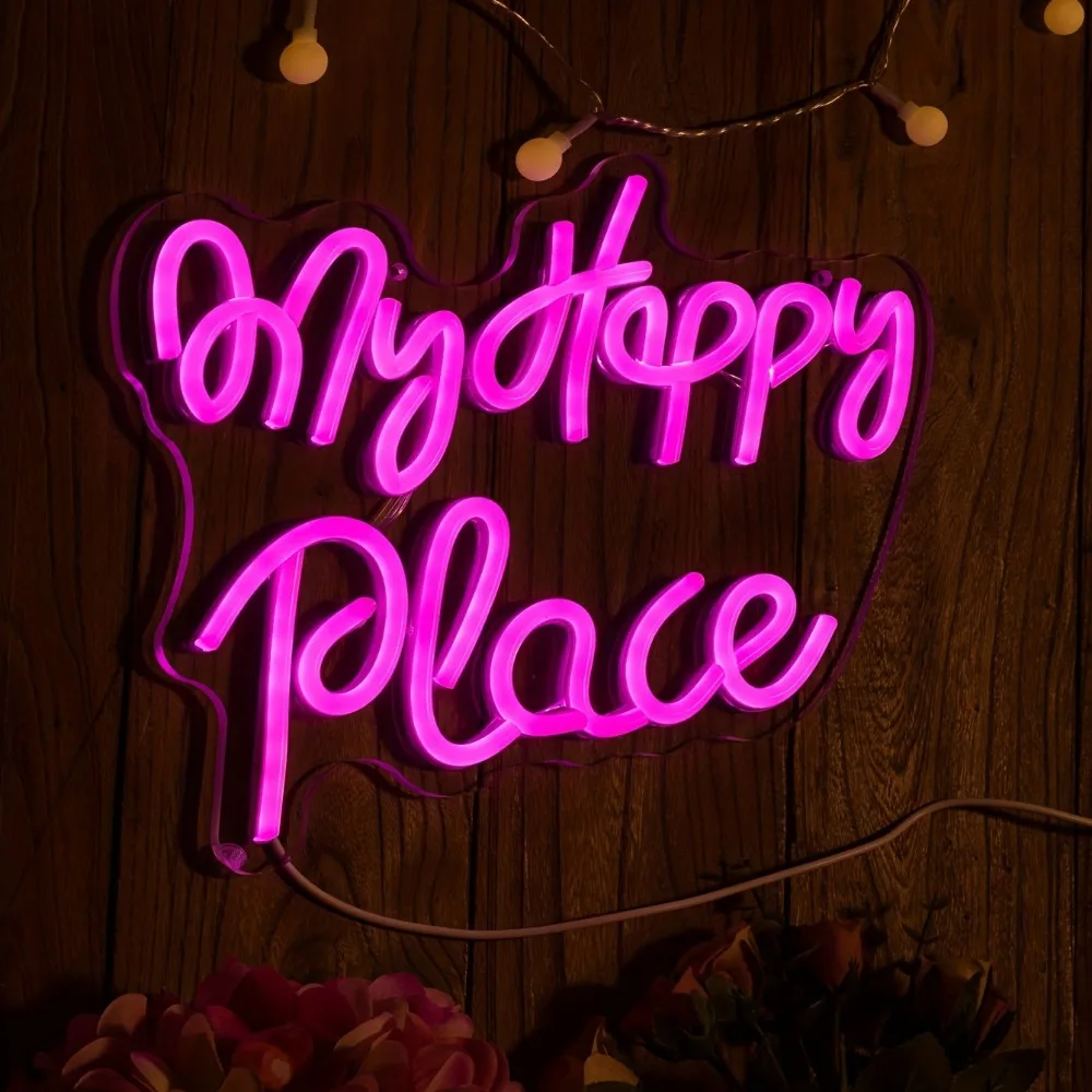 

My Happy Place neon sign, suitable for engagement parties, bedrooms, bars, hotel rooms, studios, game rooms. Artistic wall decor