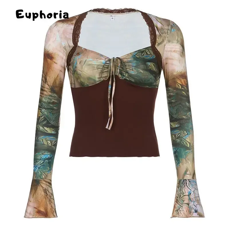 Euphoria Vintage Sexy Casual Print Long Sleeve Lace-up T-Shirts Women's Lace Hotsweet Patchwork Sheath Coquette Tees Tops