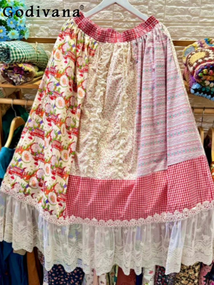 

Spring Summer Elegant Printing Splicing Age Reduction Lace Long Skirt Fashion Elastic Waist Loose Big Swing Red Leisure Skirts