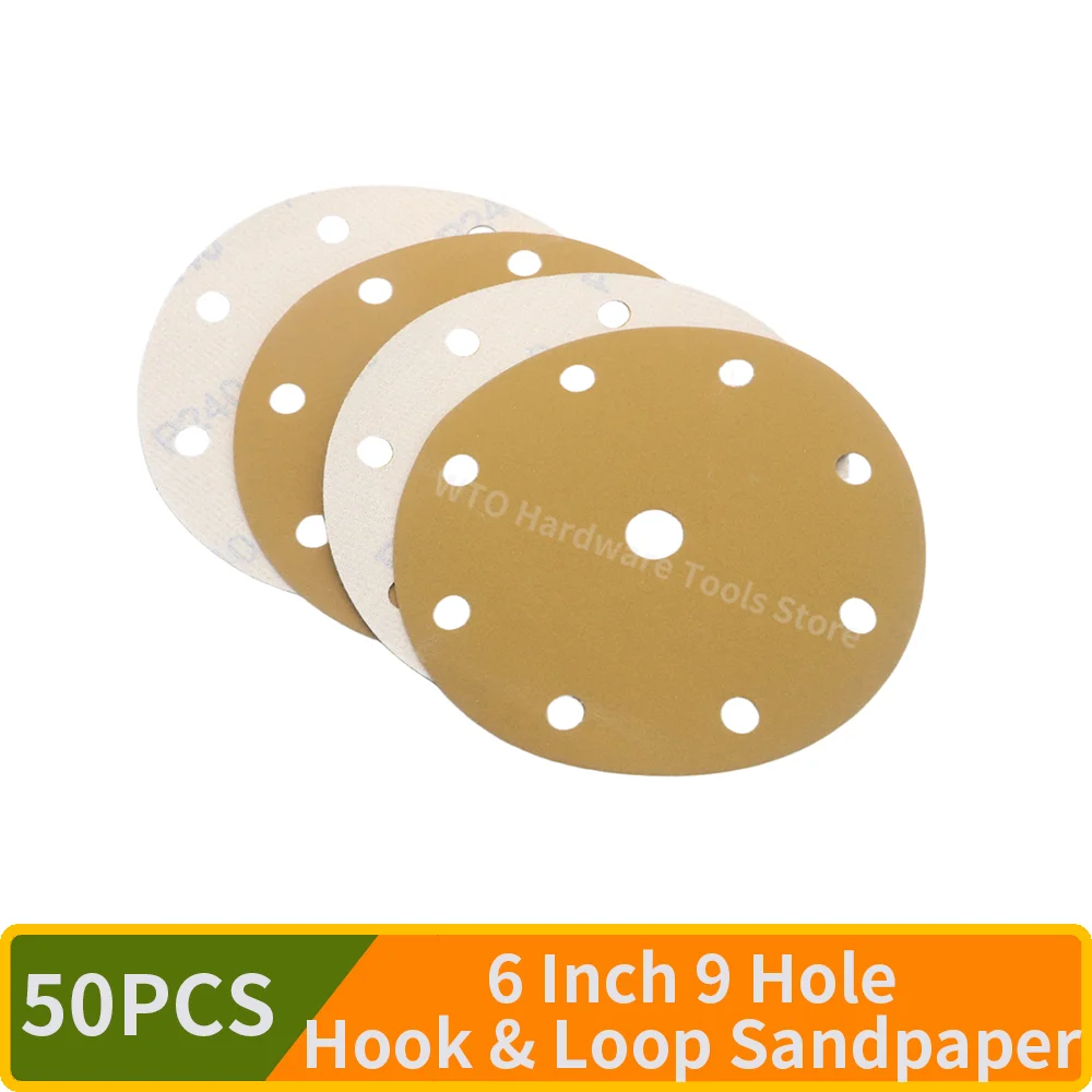 50PCS 6-Inch 9-Hole Hook & Loop Yellow Sanding Discs 150mm Aluminum Oxide, Multi-Grit 40-800 for Woodworking, Metal, Automotive