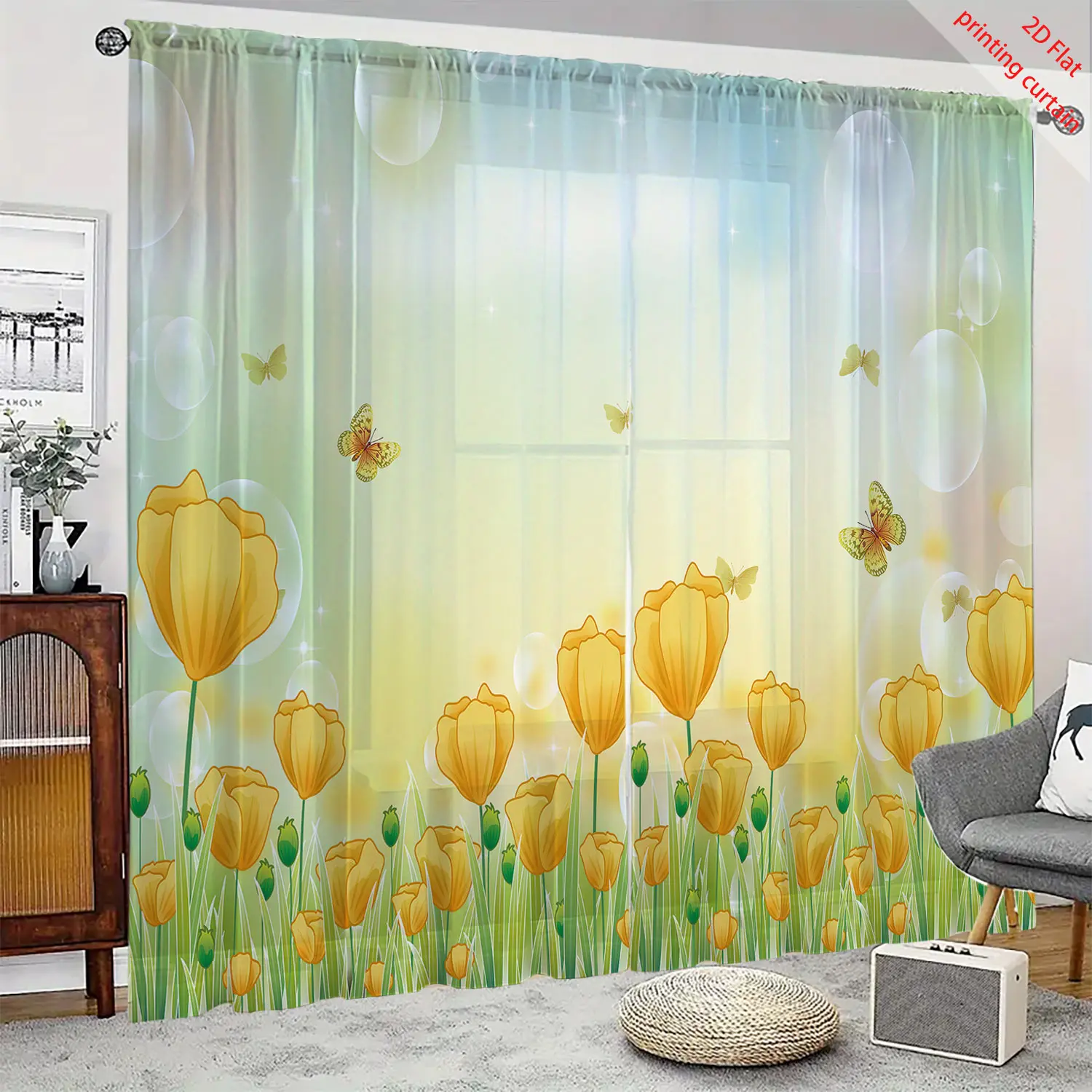 Yellow tulip print transparent gauze curtain, romantic home decoration, suitable for living room, bedroom, balcony windows