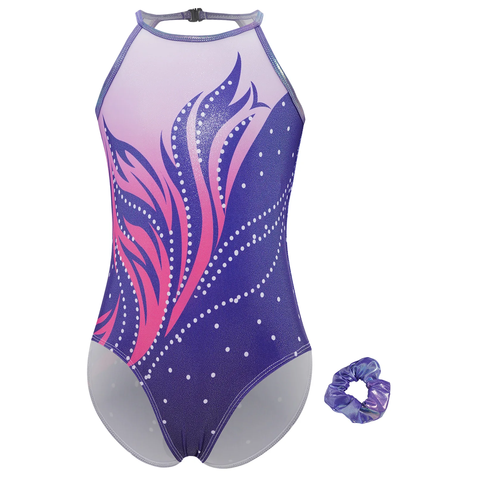 Kids Girls Gymnastics Dance Costume Ballet Leotard Sleeveless Keyhole Back Color Block Printed Bodysuit with Hairband Dance Wear