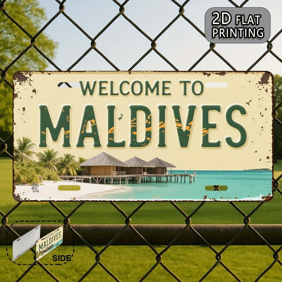 2D Flat  1pc Vintage Metal Aluminum Sign Welcome to Maldives, Travel Souvenir Gifts, Style,Ideal for Living Room, Kitchen