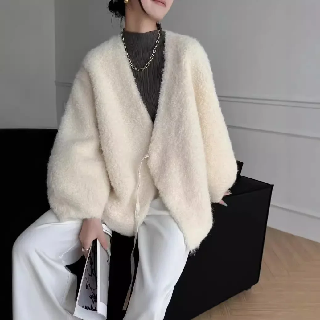 SweetElegantElegant New Fashion Real Sheep Fur Integrated Overcoat With Drawstring Jacket Comfortable Slimming Cardigan