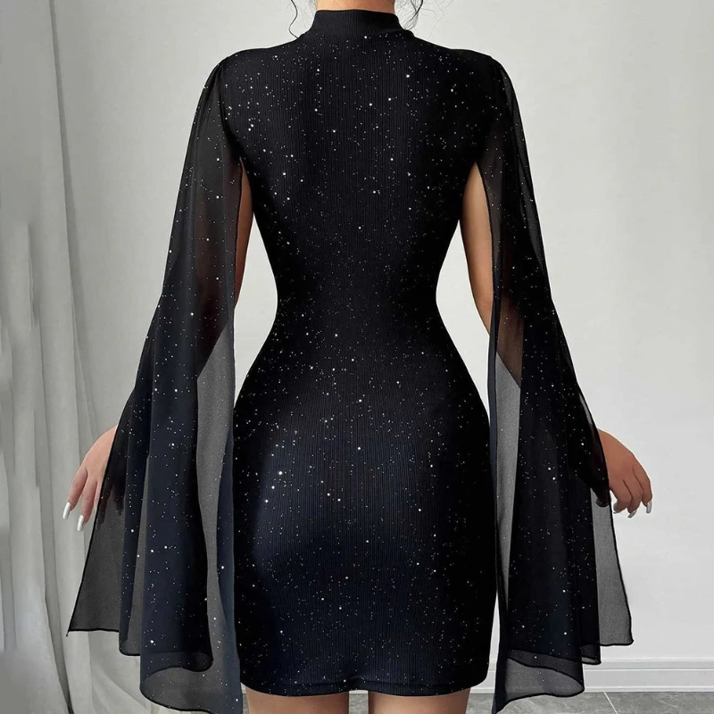Formal Evening Black Batwing Sleeve Crystal Mini Dress Elegant Stand Collar Slim Hip-Huging Dress 2026 Summer Party Dress Women