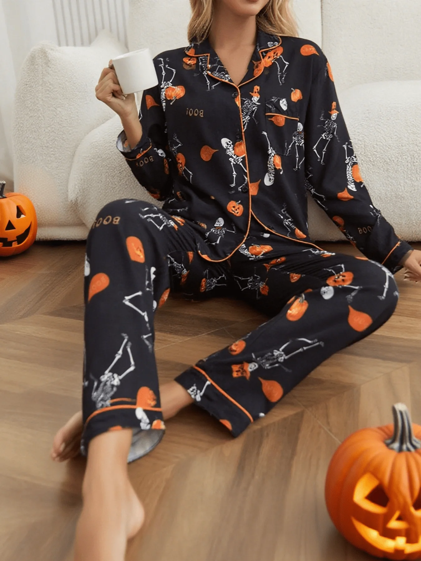 طقم بيجامة على شكل يقطين/جمجمة للهالوين مكون من قطعتين - بلوزات وسراويل بأكمام طويلة، جيوب شفافة متباينة، خريف/شتاء #4