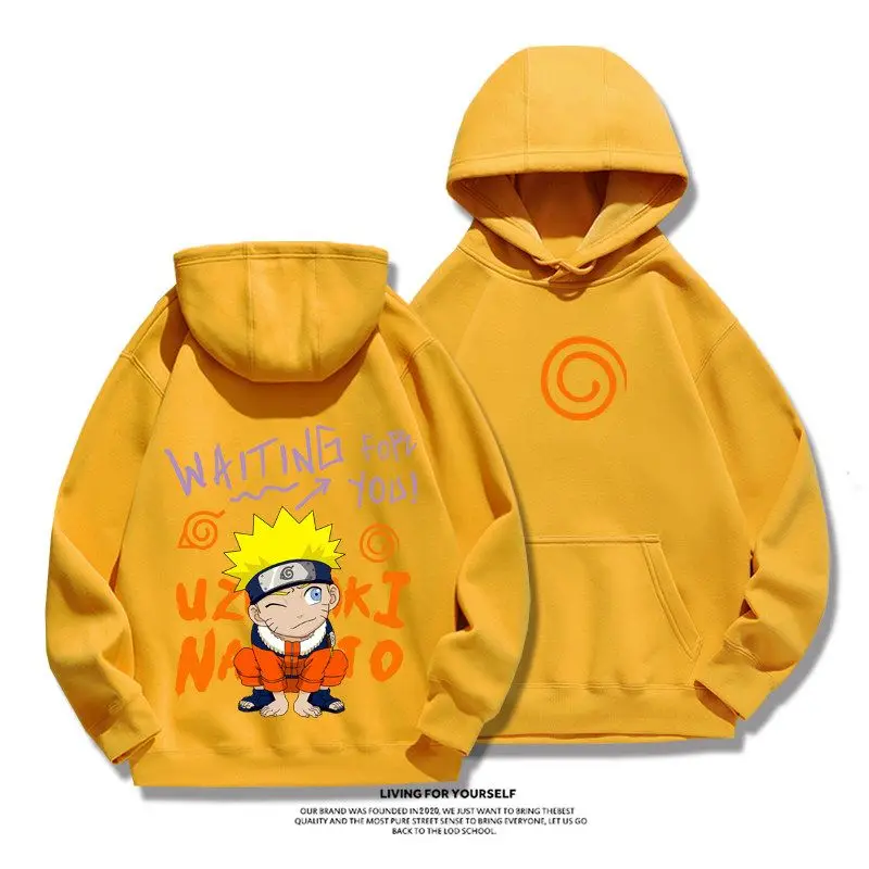 

Yellow Anime Hoodie Spiral Pattern with Waiting for You Text Oversized Streetwear with Kangaroo Pocket​​