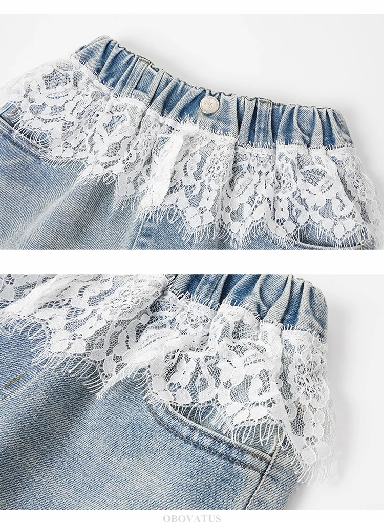 Spitzenjeans für Mädchen, Modische Kleidung für Teenager, Einfarbige, Lose Kinderjeans mit Weitem Bein, Hohe Taille, Spitzendesign, Kinderhose – Detail 8