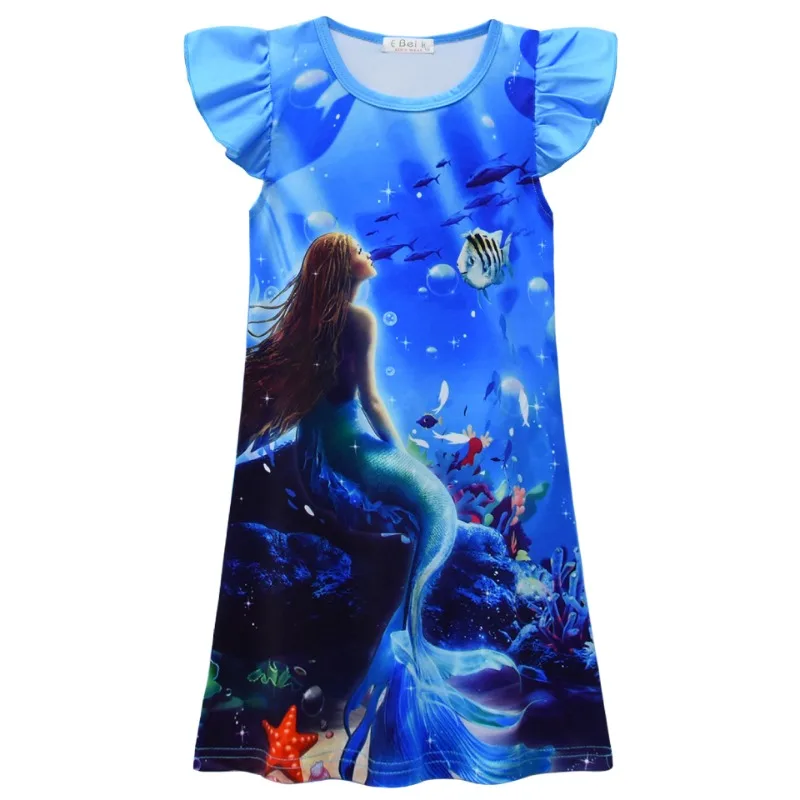 Disney Princess Ariel Dresses Supply New Movie The Little Mermaid Clothing Girl Flying Sleeve Dress Kids Party Clothes