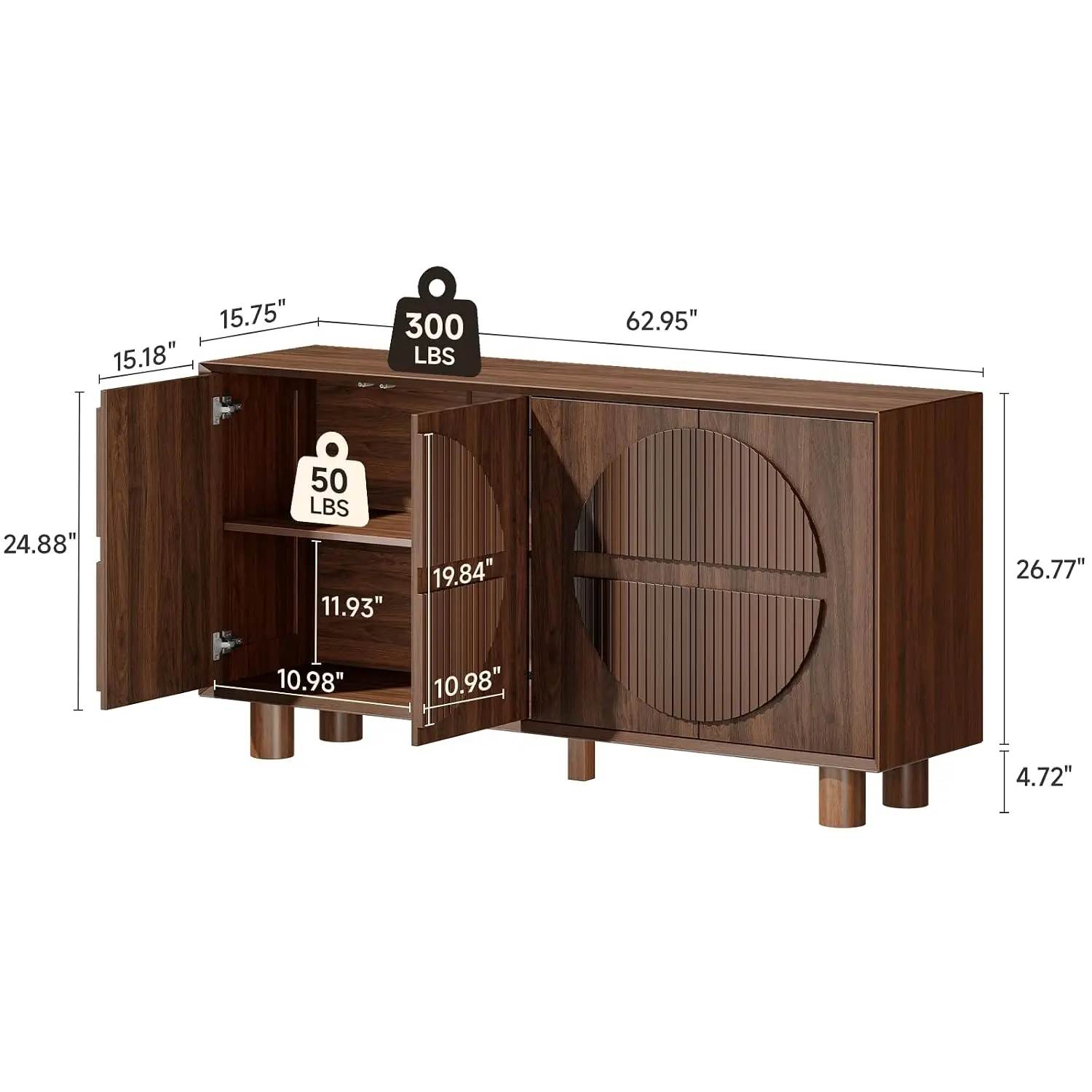 63 Inch Fluted Buffet Cabinet W/Storage & Push-Spring Doors, Walnut, Customized