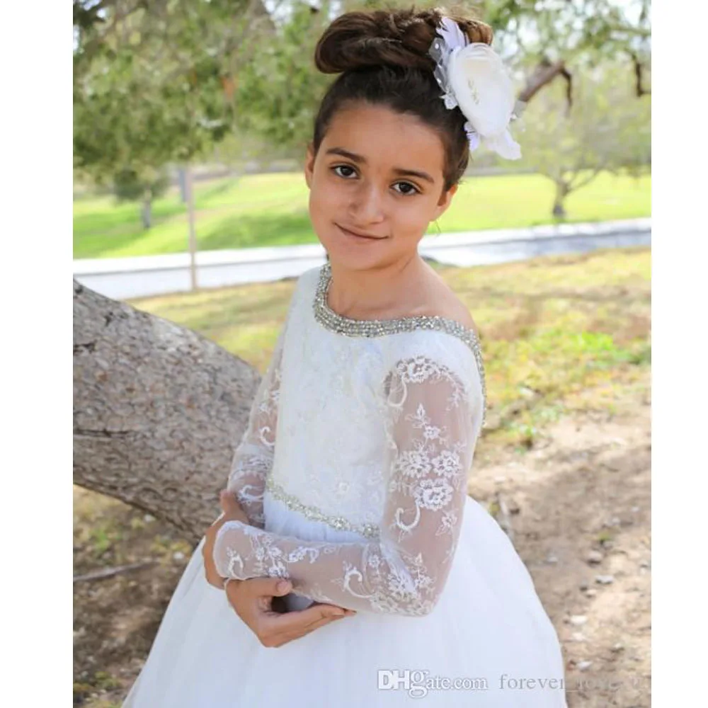 Vestidos de princesa hasta el suelo para niña, falda de tul de manga larga con cuello de cuentas y espalda descubierta, falda de flores Vintage