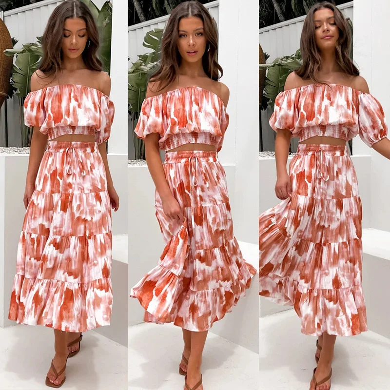 

Off Sholder Shirt with Long Skirt Set Summer Clothing for Women 2022 New Red Tie Dye Skirts Women Bohemian Beach Skirts