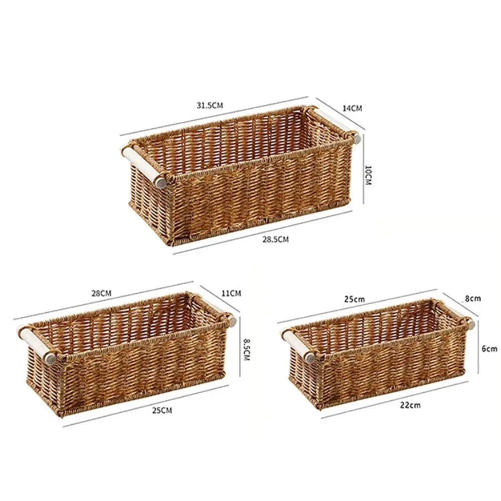Creative Brown Storage Basket Woven Pattern Rectangle Organizing Baskets Wood Handle Display Basket Bathroom Storage