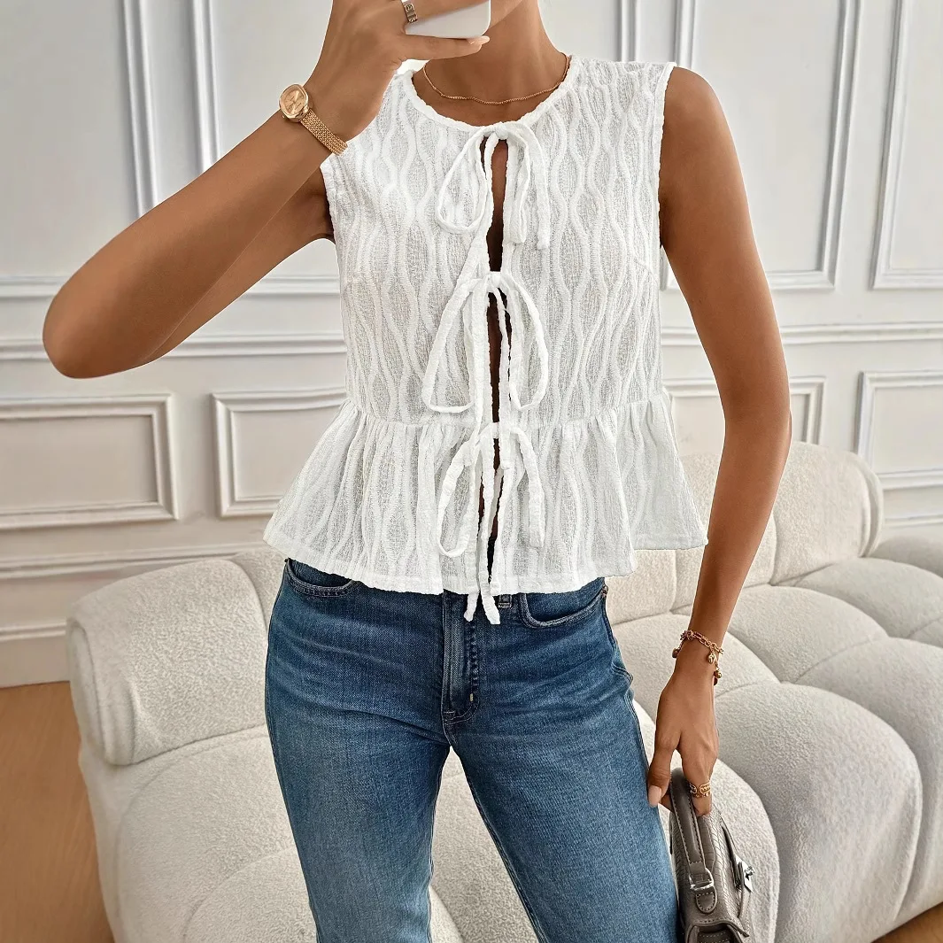 

Casual Solid Color Front Lace-up Ruffled Sleeveless Vest Shirt Women 2025 Summer Loose Round Neck Cardigan Shirt For Women