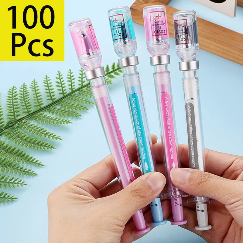 

100Pcs Novelty Syringe Shaped Gel Pens Injection Needle Ballpoint Pen Plastic Solid Ball Pen Gel Pens