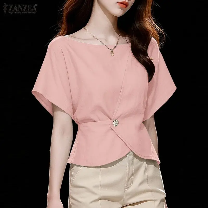 

2026 Women Summer Solid Work Blouse ZANZEA Elegant Short Sleeve Cropped Tops Stylish Holiday Shirt Casual Irregular Blusas Tunic