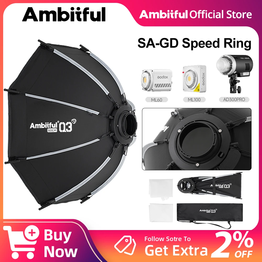 AMBITFUL Q3 série 40/60cm boîte à lumière à dégagement rapide Standard SA-GD anneau boîte à lumière pour GODOX ML60 ML100 AD300PRO vidéo COB lampe de poche