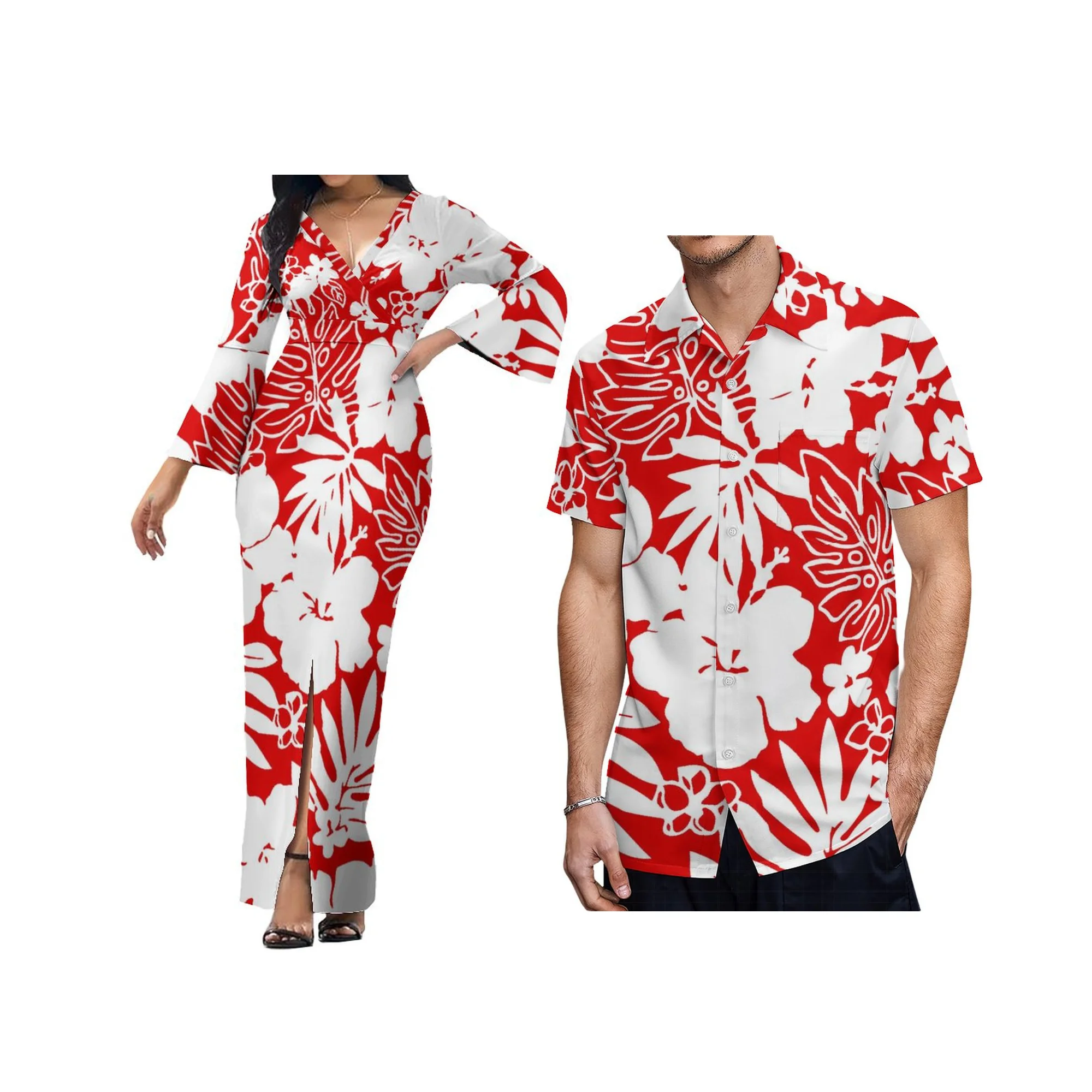 New Design Custom Logo Polynesian Print Deep V Neck Women Dress And Shirts Plus Size Lovers Matching Shirts