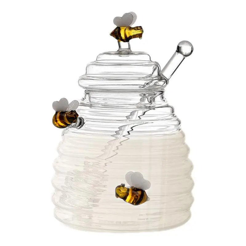 Transparent Glass Honey Jar With Dipper And Lid Farmhouse Kitchen Jar Mixing Beehive Honey Pots For Honey Syrup