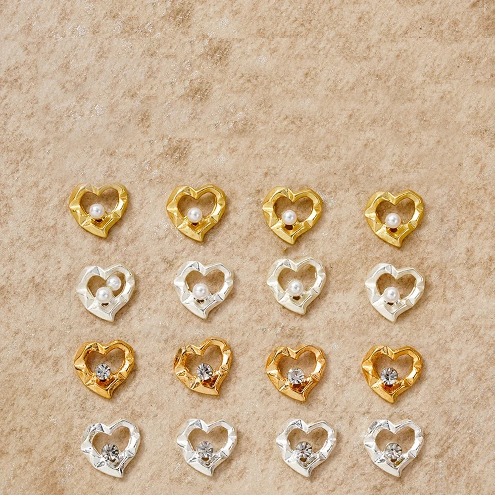 10 ชิ้น Diamond Love Heart Nail Art Charm Luxury Clear Gold Silver Hollow Heart เครื่องประดับเล็บ DIY ประณีตเล็บอุปกรณ์เสริม