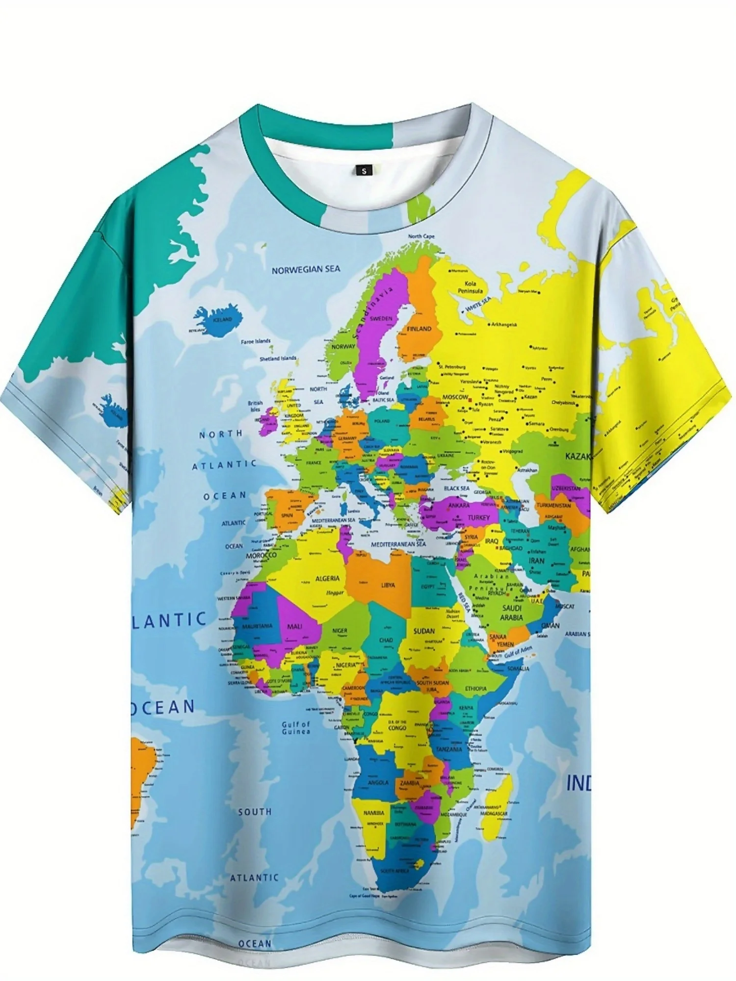 Men'S Vintage Map 3D Print T-Shirt - Soft Polyester, Crew Neck, Short Sleeve, Machine Washable, Bright Colors, Realistic Design