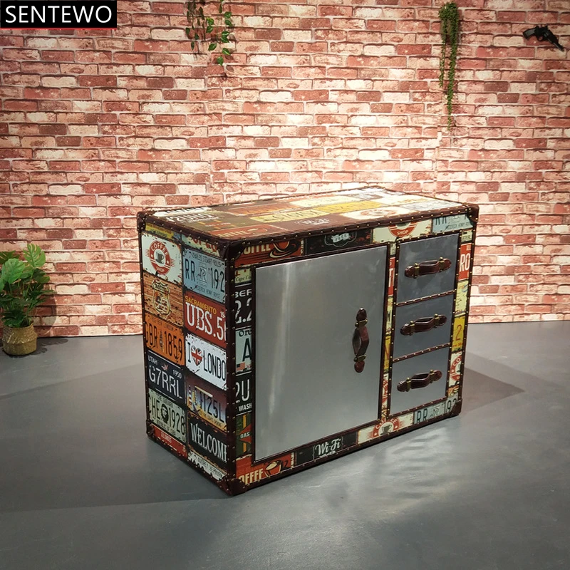 SENTEWO Loft Industrial Style Locker French Style Antique Reproduction American Bucket Cabinet Living Room Sofa Retro Side Table