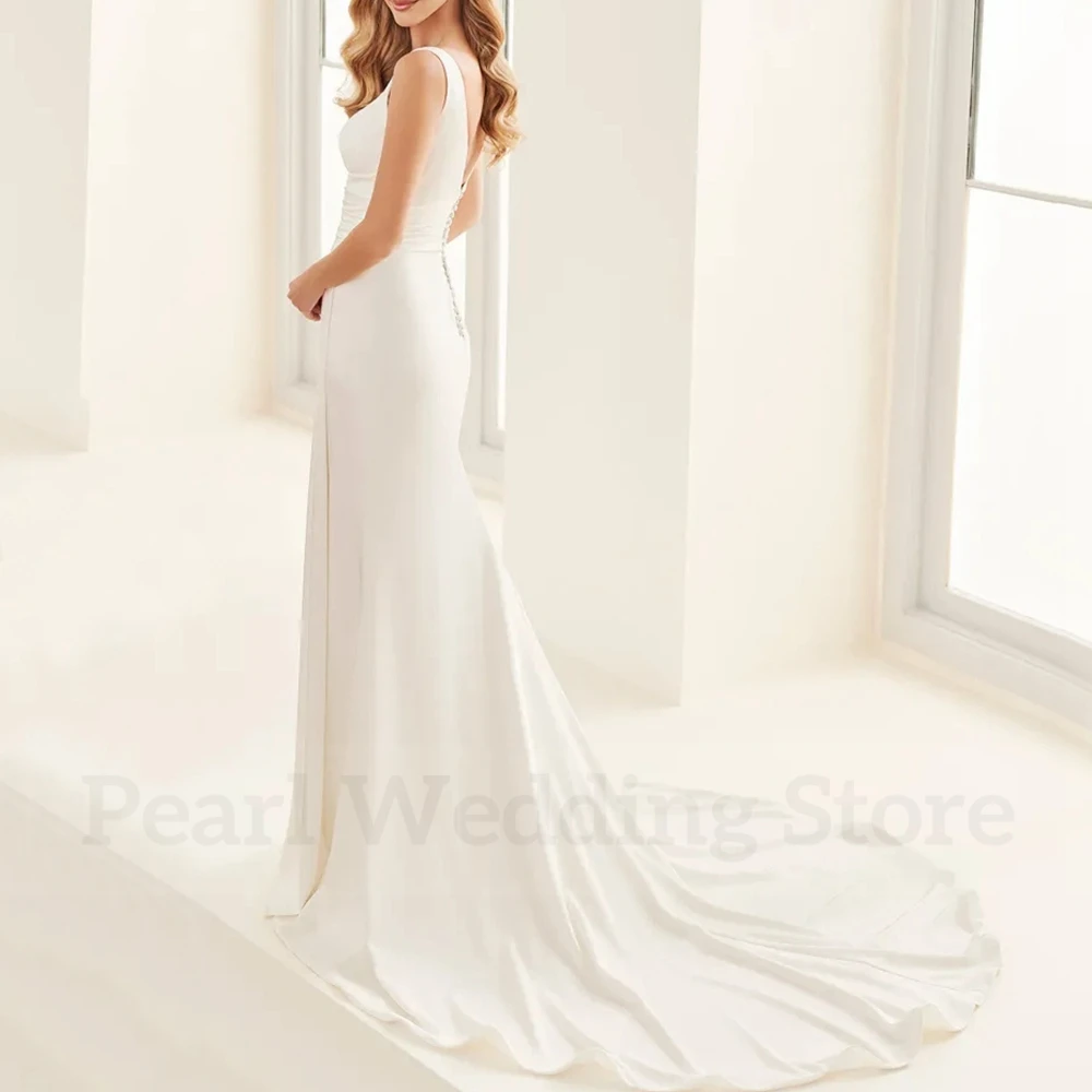 Classic Sleeveless Wedding Dress Deep V-Neck with Pleat Floor Length Mermaid Bridal Jersey Sweep Train Backless with Buttons