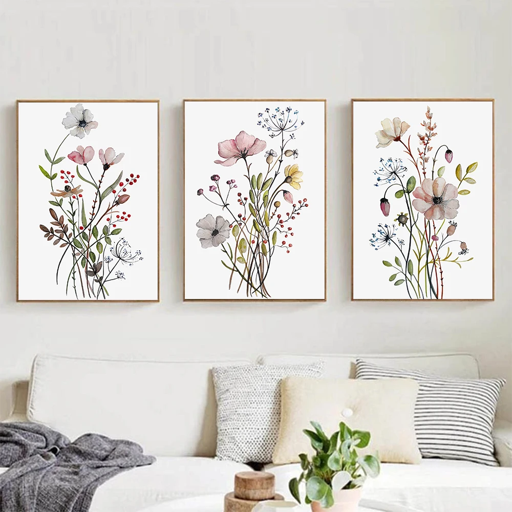 Watercolor Flower Poster Set Of 3 Wildflower Art Print Nordic Botanical Canvas Painting Vintage Wall Picture Living Room Decor