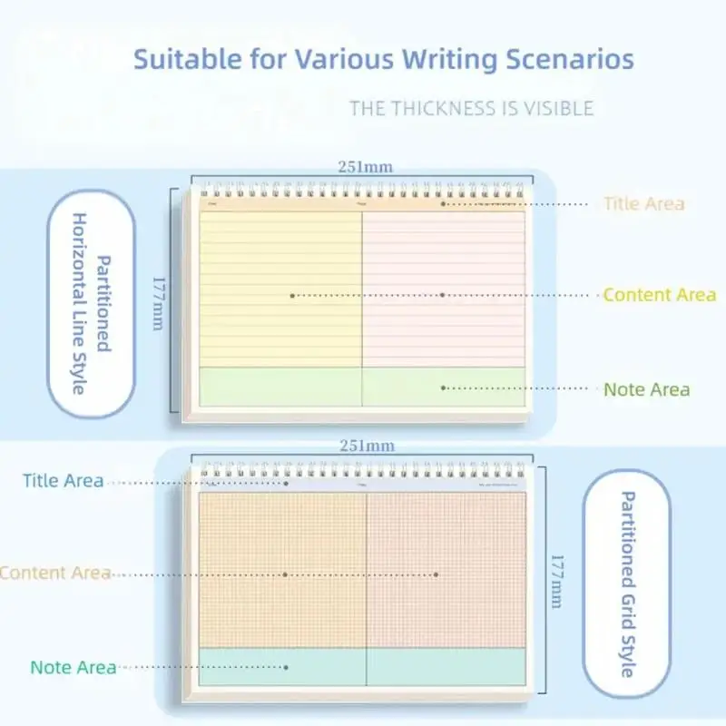 Coil Notebook Grid/Horizontal Lines Partition Design Writing Memopad 60 Sheets B5 Notepad For Students Portable Thicken Paper