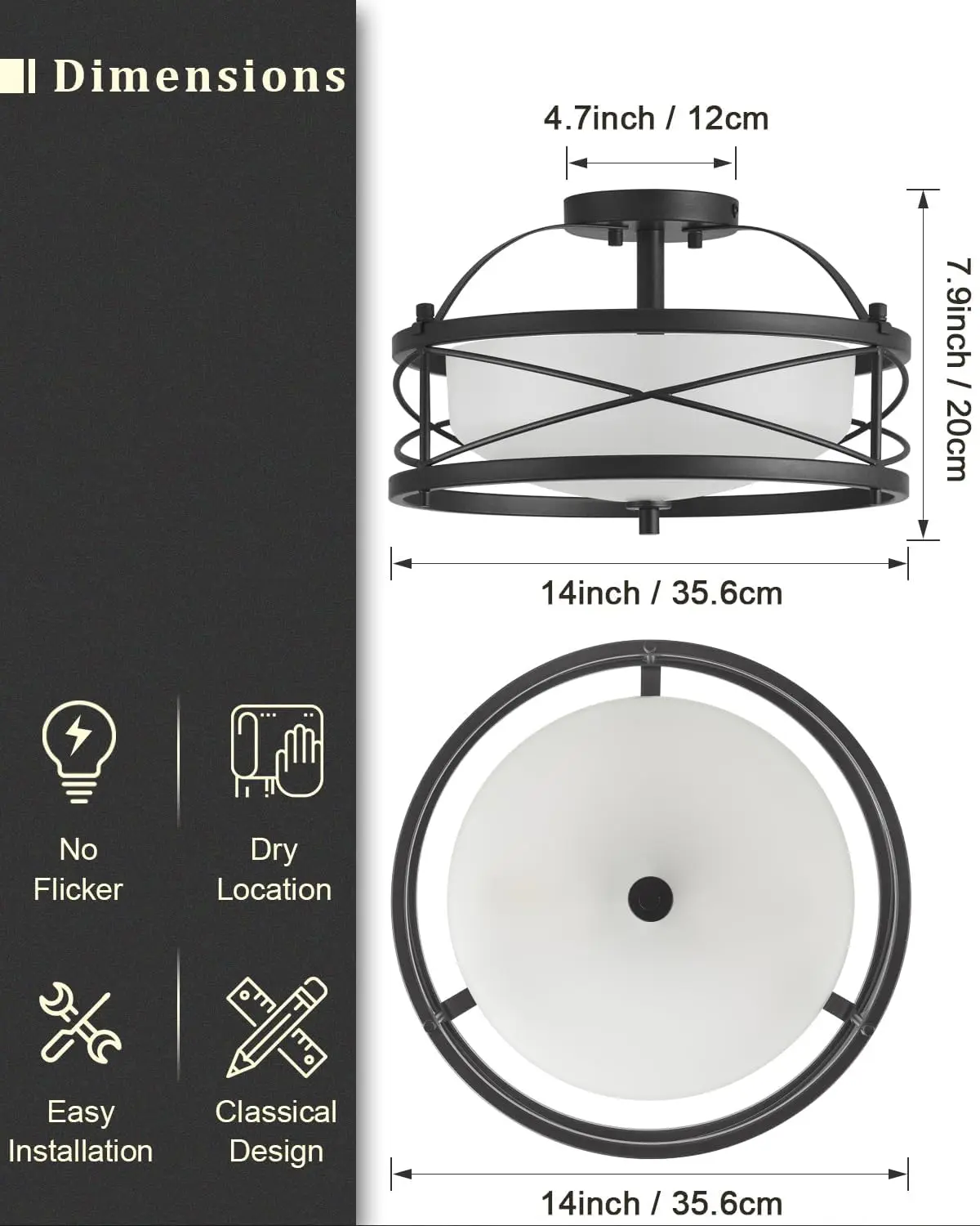 Accesorios de iluminación de tambor de entrada, luz de techo rústica de montaje semiempotrado para pasillo, sala de estar, dormitorio, cocina (negro)