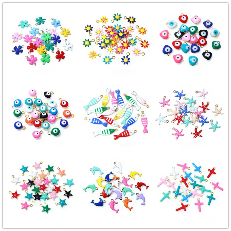 20pcs Random Mix Cute Stainless Steel Enamel Charms Pendant Fish Starfish Flower Evil Eyes DIY Jewelry Making Accessories