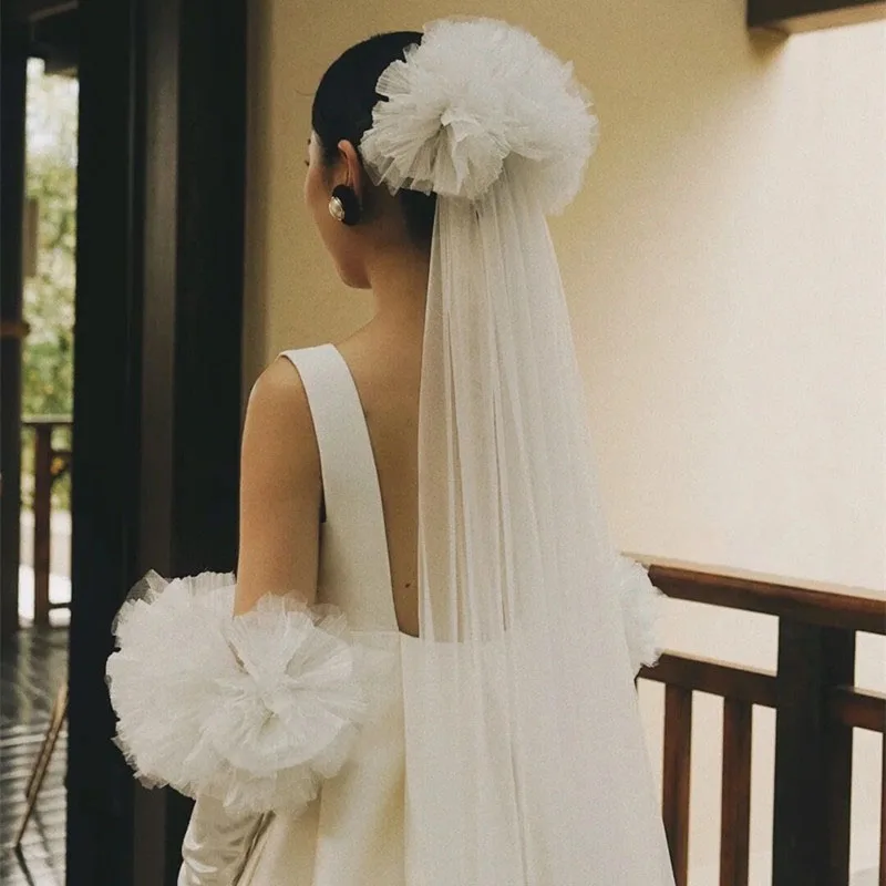 Tocado de novia blanco, velo largo de encaje, Mangas de satén, guantes Vintage, puños, fotografía, accesorios de vestido de cena de boda