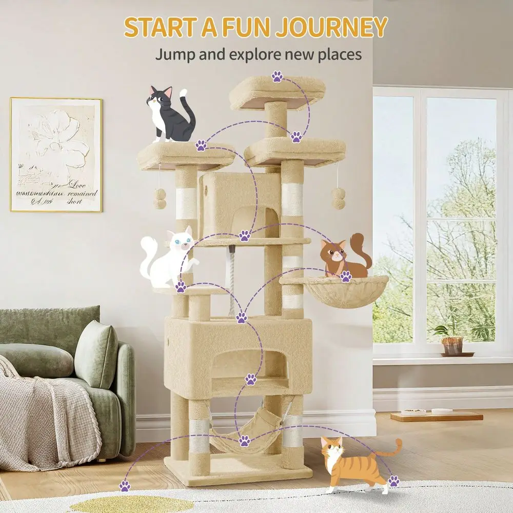 

XXL Cat Tree, 176cm Cat ching Post, 3 Platforms, 2 Cave Beds, 7 Sisal Column With Hammock, HeavyDuty For MultiCat Homes, B