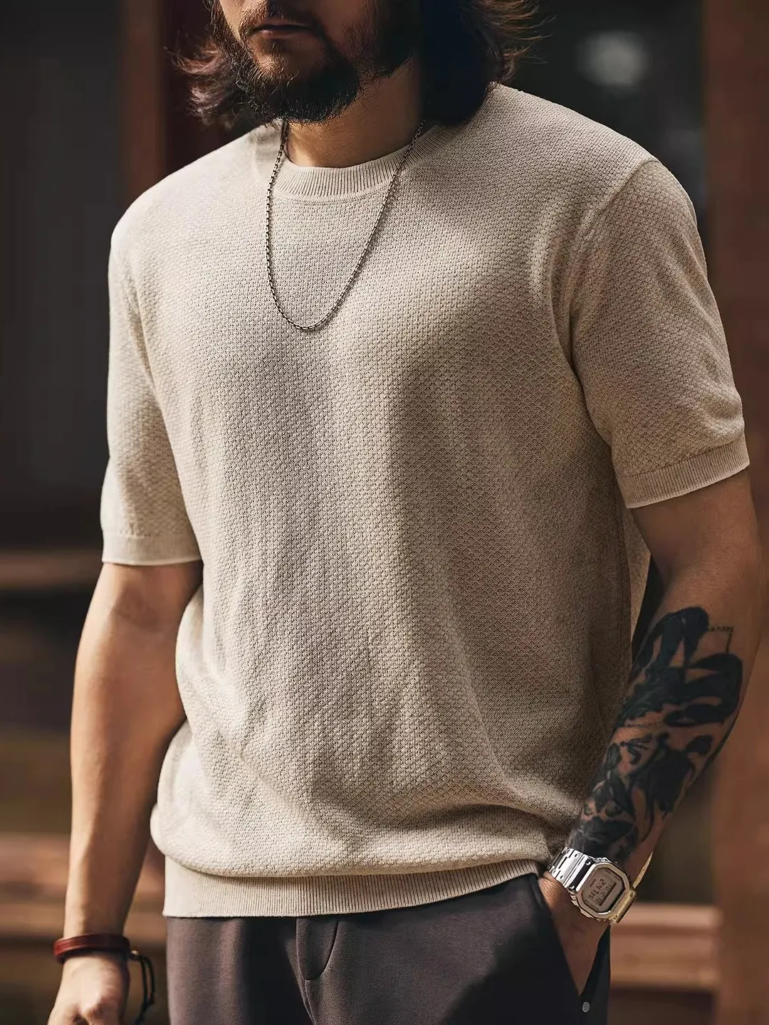 

Large Size American Retro Wfle Knit ort Sve T-irt Men's Summer New Linen Cool round Ne Top Trendy Breathable Youth...