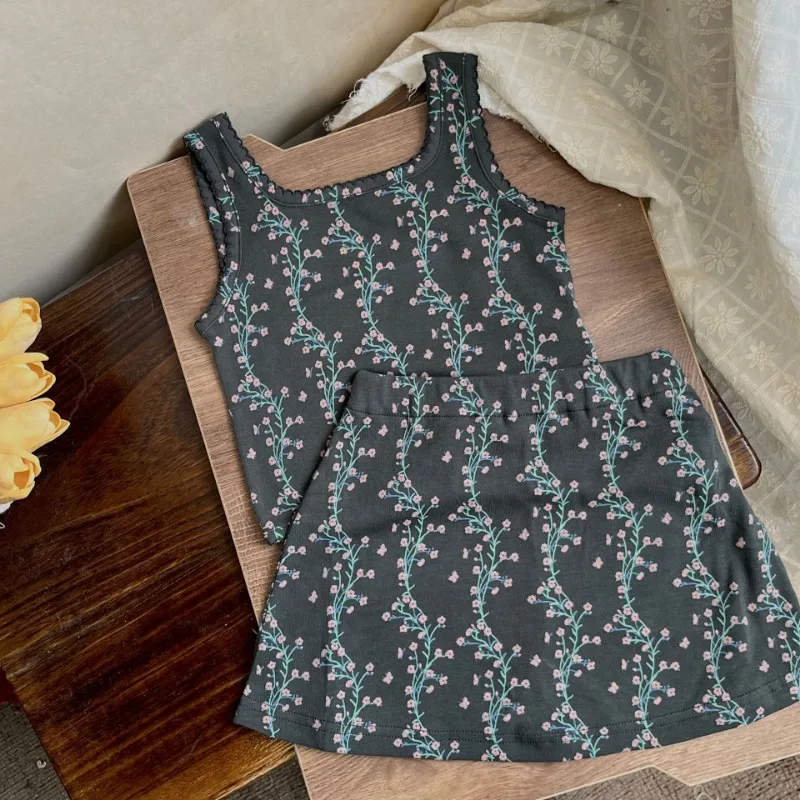 Girls' Summer Niche Floral Vest Skirt Pants Set Baby Chic Camisole Vest Dress Girls Dress Kids Dress Baby Girl Dress