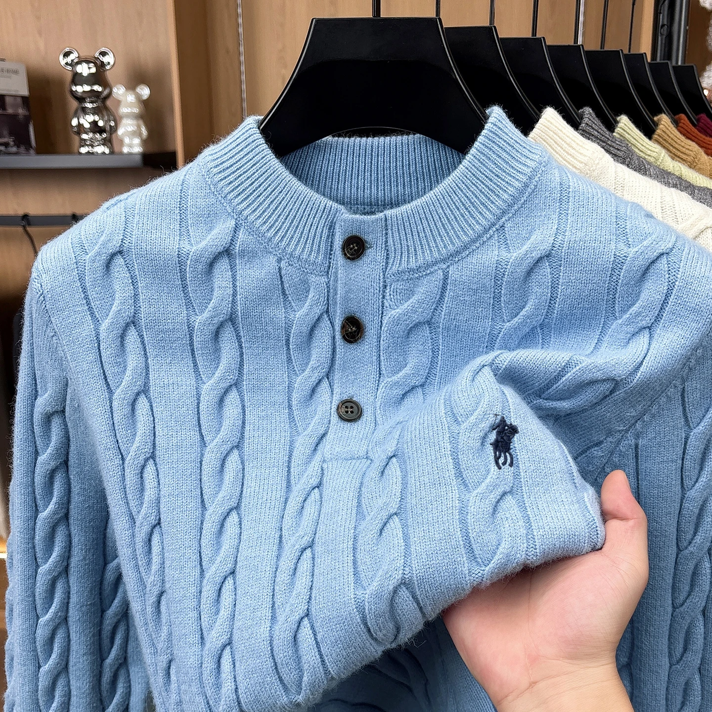Advanced Retro Button Collar Sweater Men's New Fashion Jacquard Brand Pony Embroidered Winter Thick Warm Paul Knitted Pullover