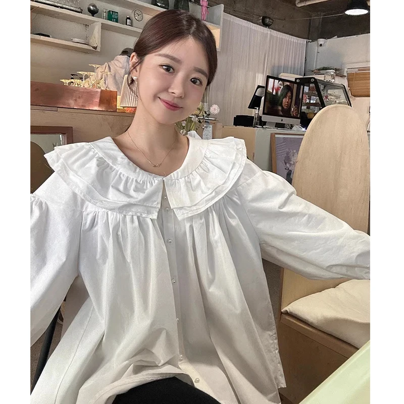 KUSAHIKI Korean Chic Autumn Sweet Double Peter Pan Collar Pearl Single Breasted Lantern Sleeve Shirt for Women Camisas De Mujer