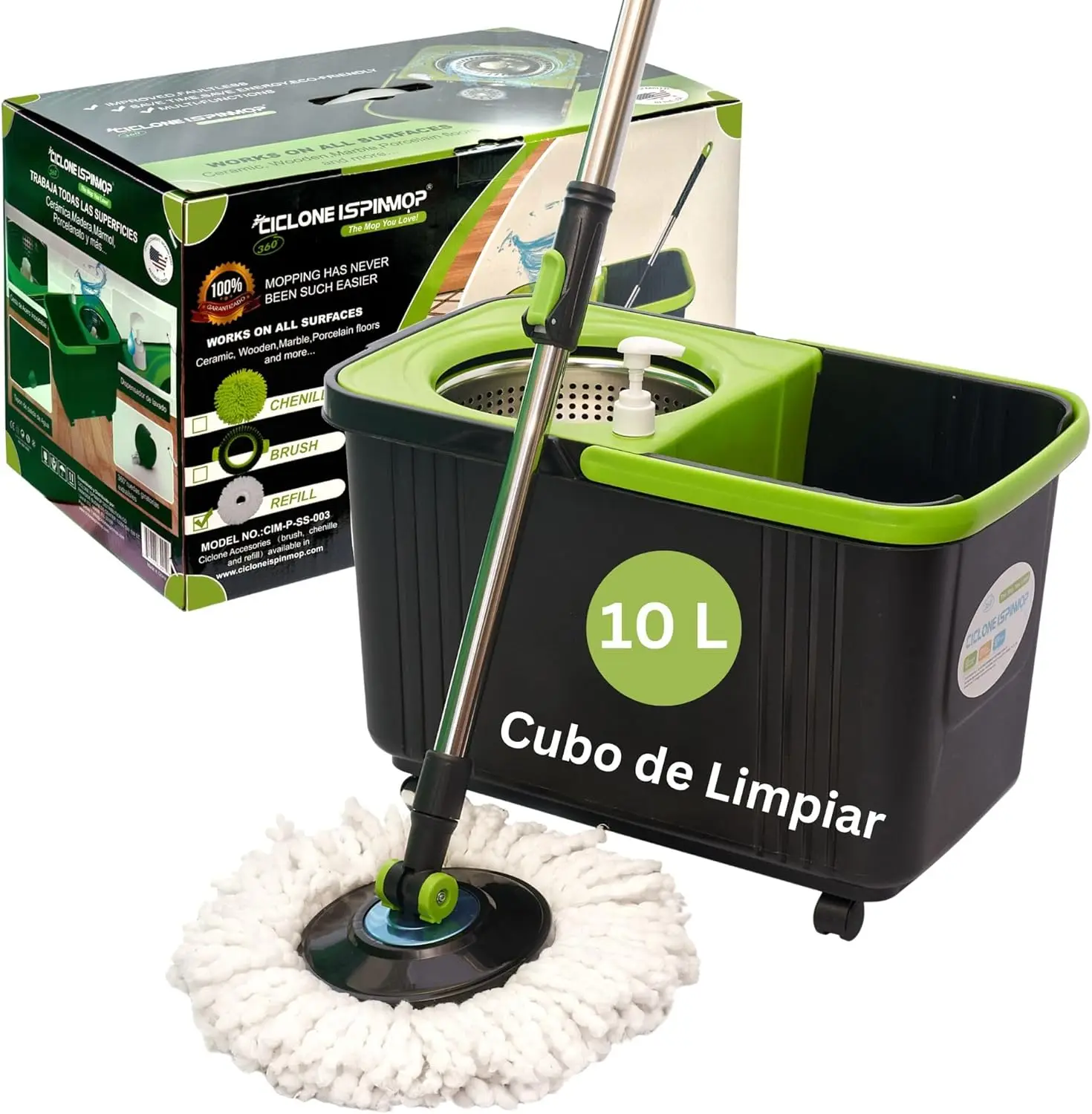 

360 Spin Mop & Bucket Set with Wringer, Adjustable Handle, Wheels - 1 Microfiber Head for Home Office Hotel Floor Cleaning
