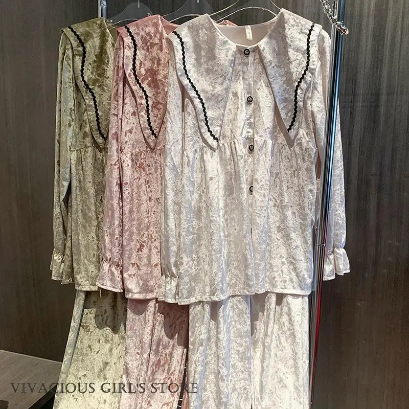 

Бархатный женский пижамный комплект из 2 предметов, одежда для дома, элегантный брючный пижамный костюм во французском стиле, осенне-зимняя новая одежда для сна, домашняя одежда