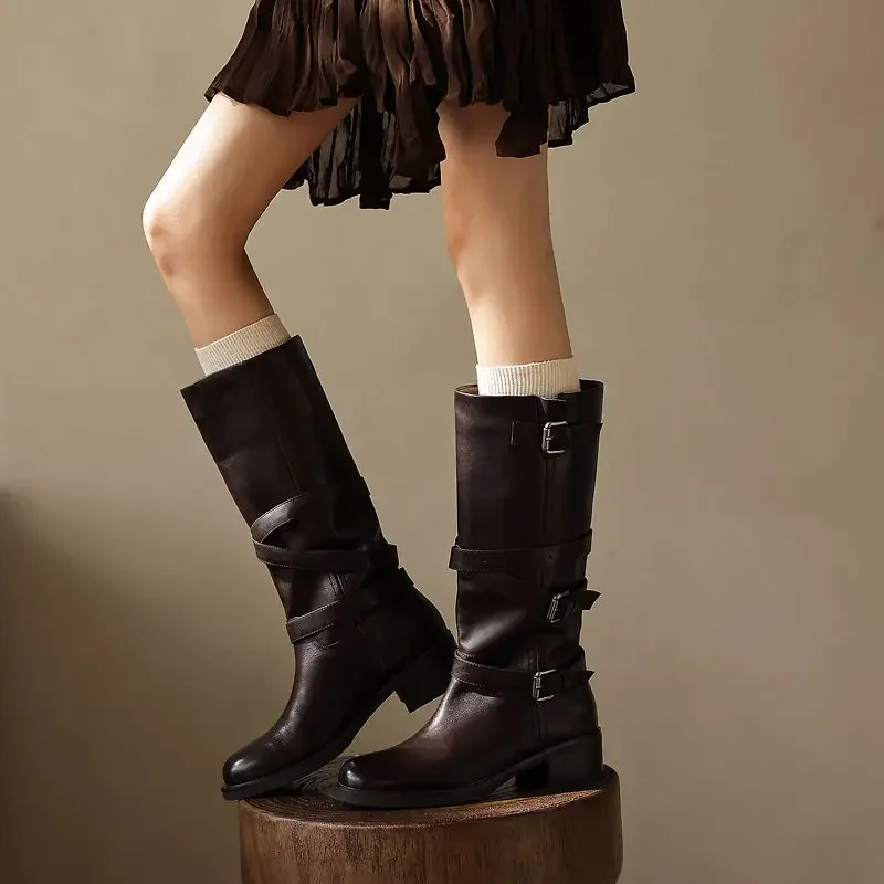 New Vintage Genuine Leather Knee High Motocycle Boots Women Multi Buckle Strap Chunky Heel Riding Boots Autumn Winter Long Boots