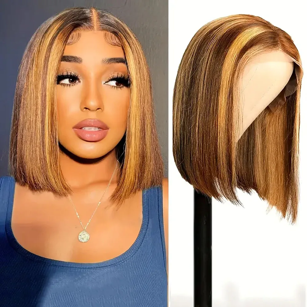 

13X4 Straight Honey Blonde Bob Lace Front Wigs Human Hair Highlight Pre Plucked 220Density Transparent Lace Frontal Wig 4/27